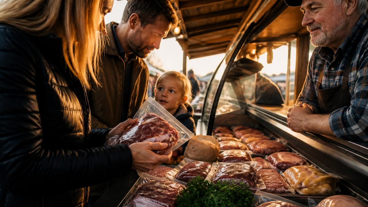 Family selecting fresh Canadian beef and proteins at a farmers market counter, examining packaging labels and talking with a vendor in natural daylight