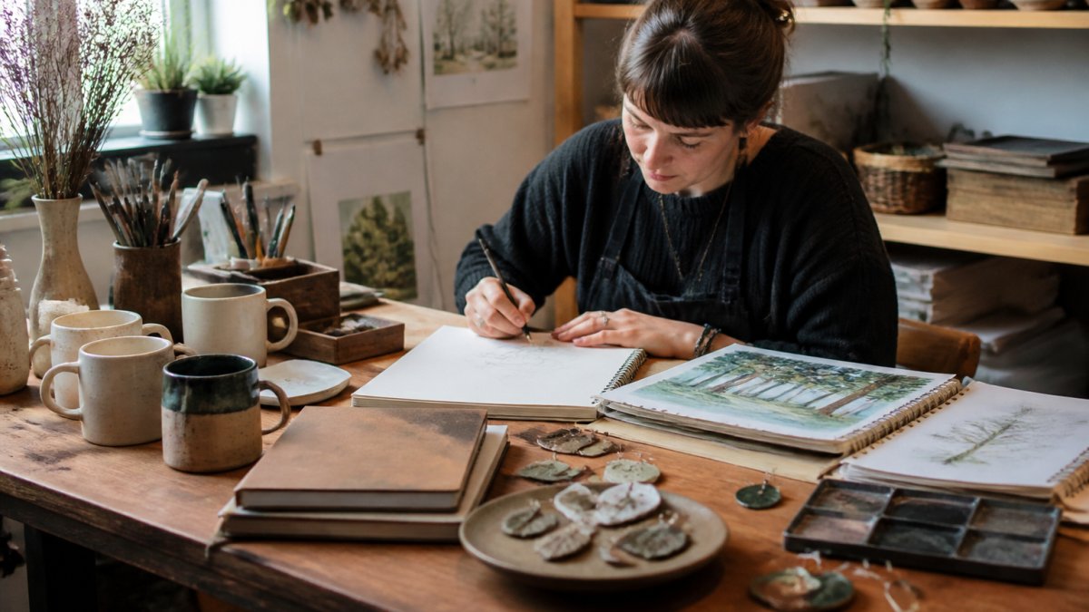 Artist working at studio desk surrounded by creative materials, artwork samples, sketchbooks, and handcrafted pieces in natural studio lighting