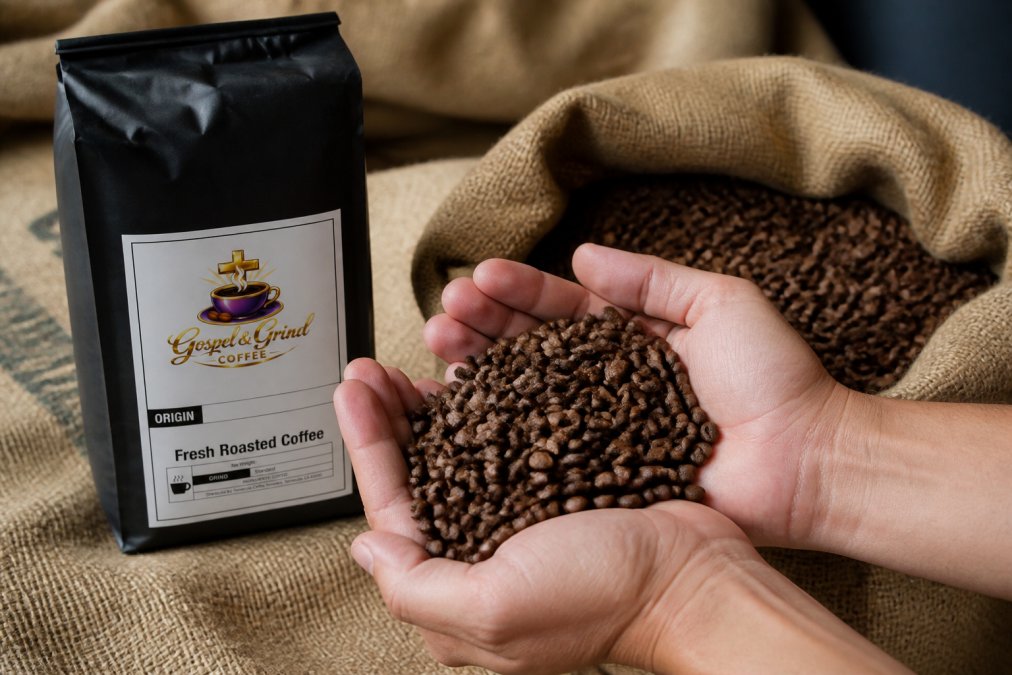 Close-up of hands holding freshly roasted coffee beans with a burlap bag and origin label visible, showing the care and sourcing detail