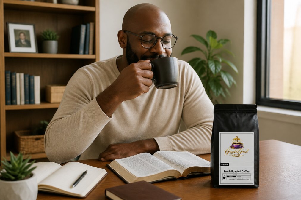 Person in home office enjoying a fresh cup of coffee at their desk, representing the connection between daily coffee ritual and supporting a cause