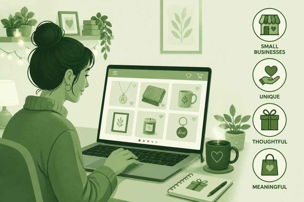 Person browsing handmade gift options on a laptop while seated at a cozy workspace with warm lighting and a cup of coffee nearby, showing genuine engagement with online shopping