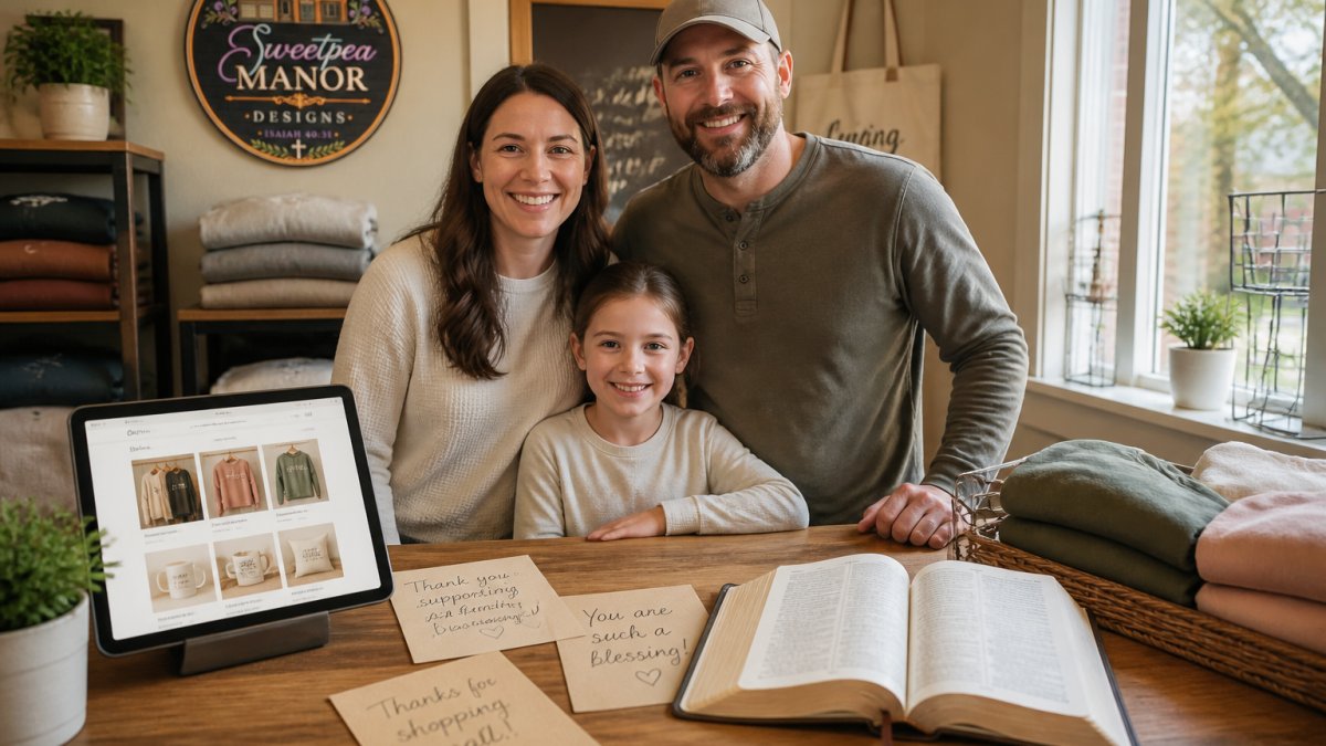 A warm, inviting scene of a small family-run shop counter with handwritten thank-you notes and an open Bible resting beside a tablet displaying an online storefront, soft afternoon light through a window