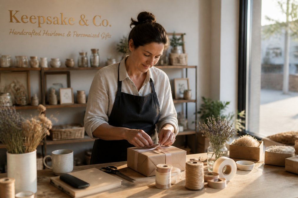 A small business owner in a workshop carefully wrapping a personalized gift, with shelves of handmade items in the background, warm afternoon light through a window