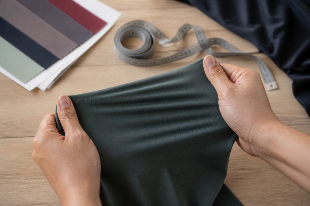 Step-by-step guide for testing sustainable activewear fabric elasticity and recovery using a measuring tape.