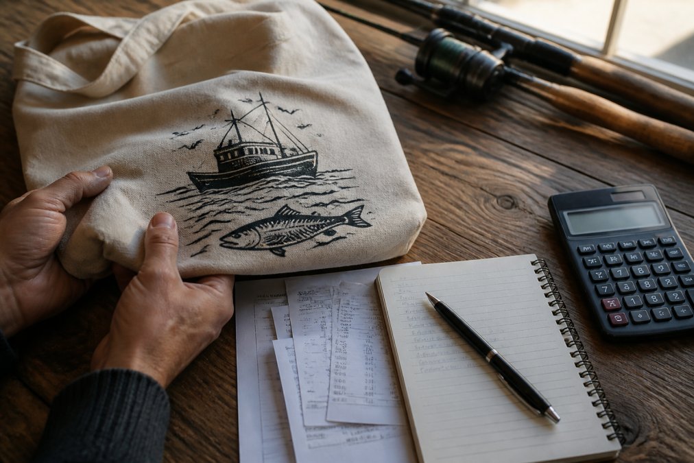 A close-up of hands examining a cotton tote bag with a coastal fishing design, natural light on a wooden table with a fishing rod nearby