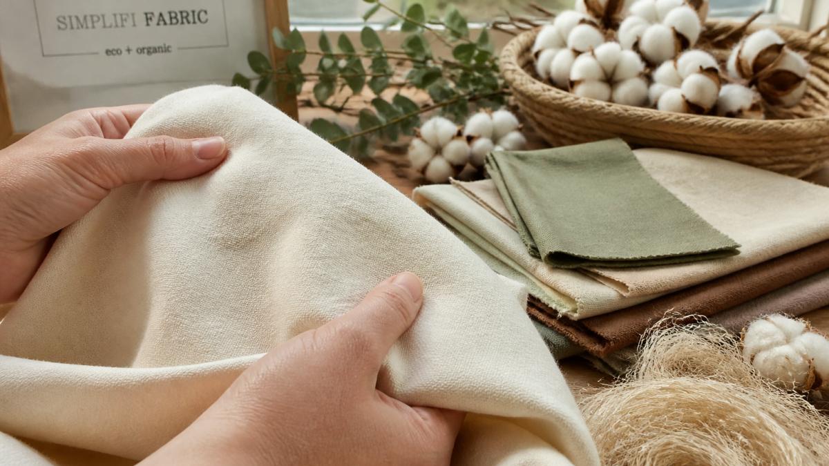 Close-up of organic cotton fabric being carefully handled, showing detailed weave texture with sustainable fabric swatches and natural fibers arranged on a wooden surface in natural daylight