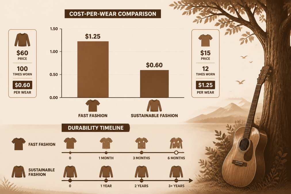 Bar chart comparing cost-per-wear and durability to show why sustainable fashion costs more over time.