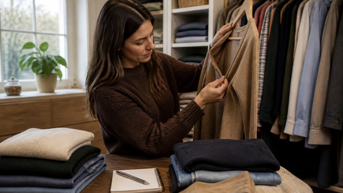 Woman organizing her closet, holding up a well-worn classic garment and examining quality seams and fabric, with folded clothing and a notepad visible for wardrobe planning