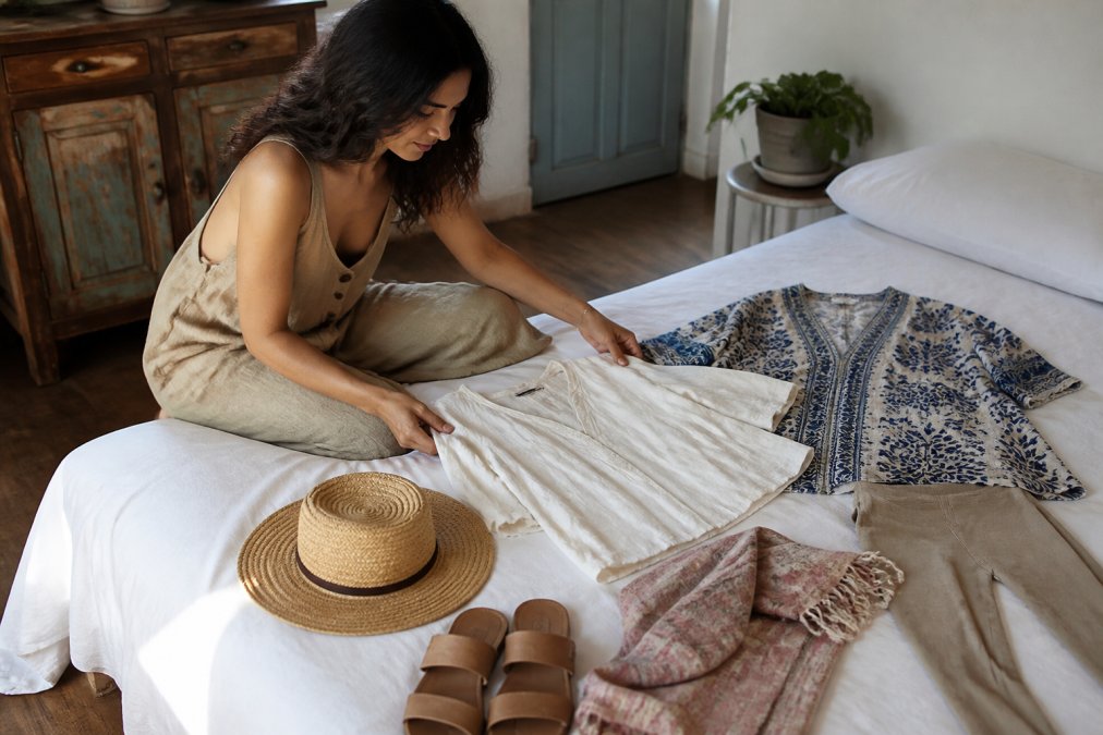 Woman arranging a sustainable fashion capsule wardrobe with an organic tunic and neutral travel essentials on a bed