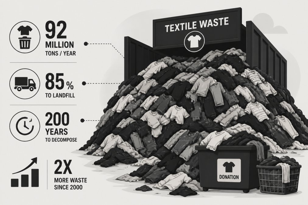 Overflowing piles of discarded clothing and textiles stacked at a donation center or textile waste facility, showing the volume of fast fashion waste