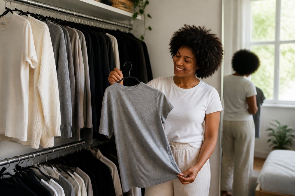 Organized closet displaying neatly hung neutral-toned basics in whites, grays, and blacks, with quality garments arranged by type in minimalist arrangement