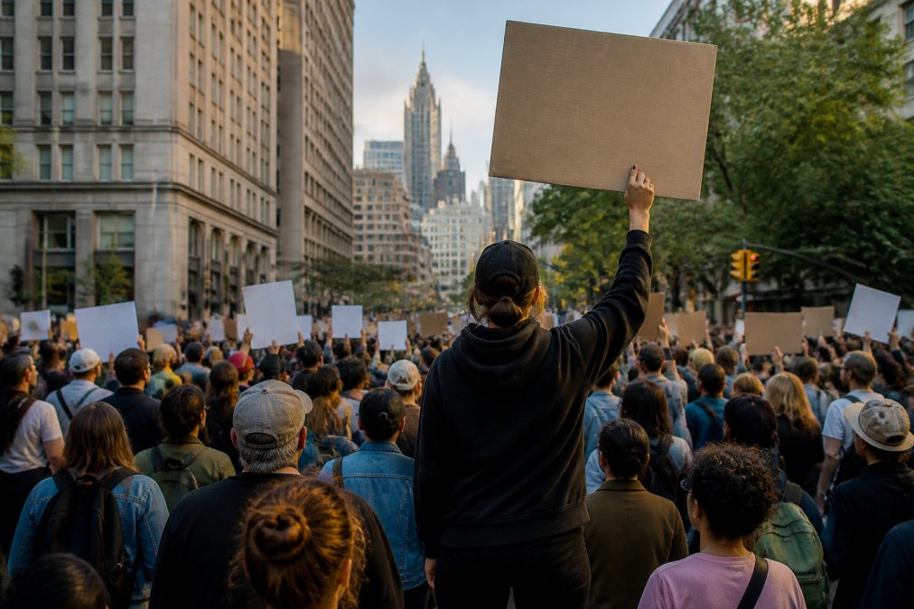 A person in a statement hoodie standing at an outdoor march, holding a sign above a crowd of diverse protesters on a city street in afternoon light