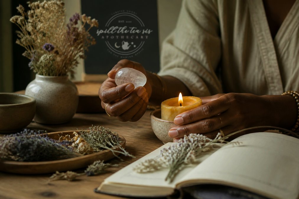 Infographic flowchart mapping daily sustainable spiritual practices using crystals, candles, and journaling.