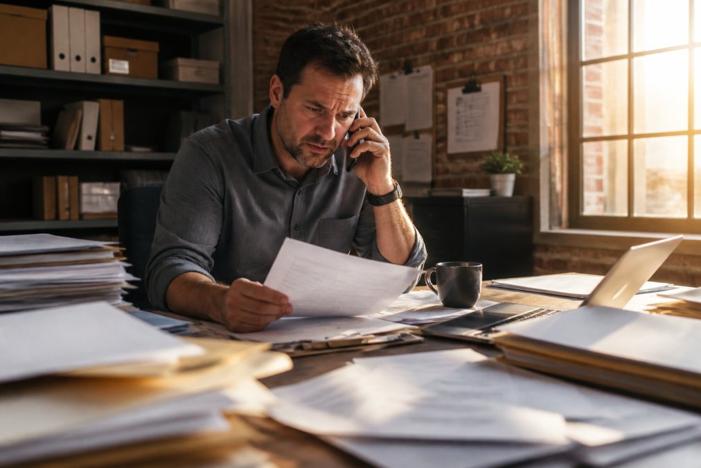 A business owner sitting at a cluttered desk reviewing insurance documents, phone pressed to ear, visibly frustrated, with a laptop showing an inbox full of unread messages in late afternoon light