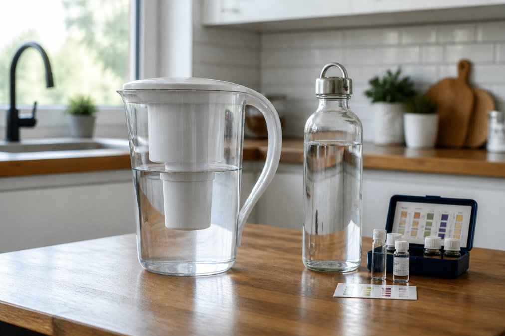 A close-up of a kitchen counter with a glass water filter jug filled with tap water, a reusable glass bottle beside it, and a small water testing kit, in a bright modern home setting