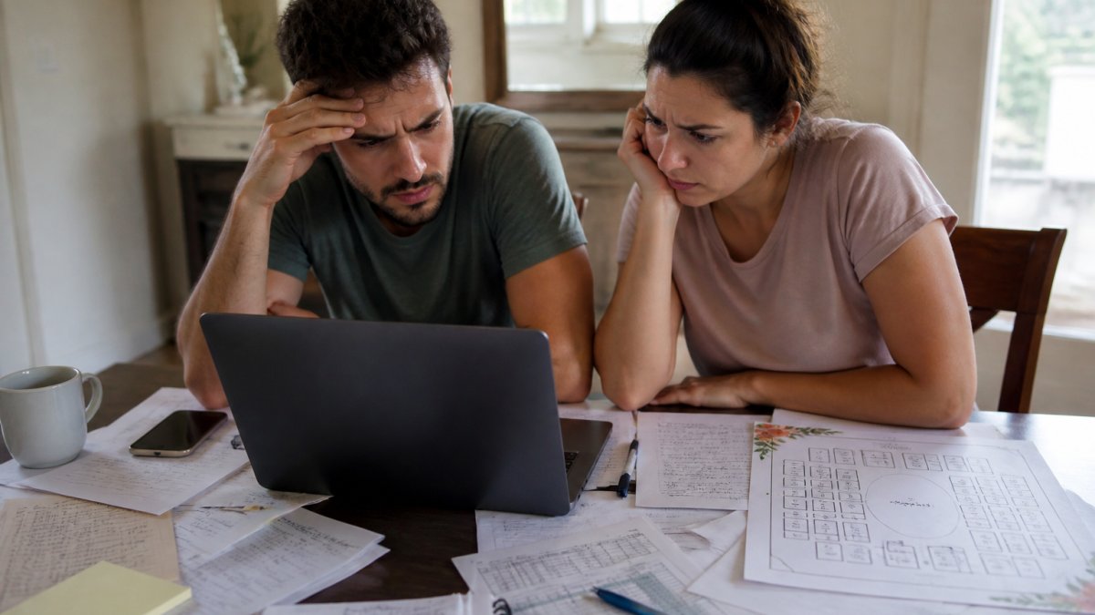 Frustrated couple at a laptop with multiple browser tabs and spreadsheets open, surrounded by wedding planning notes and a printed seating chart
