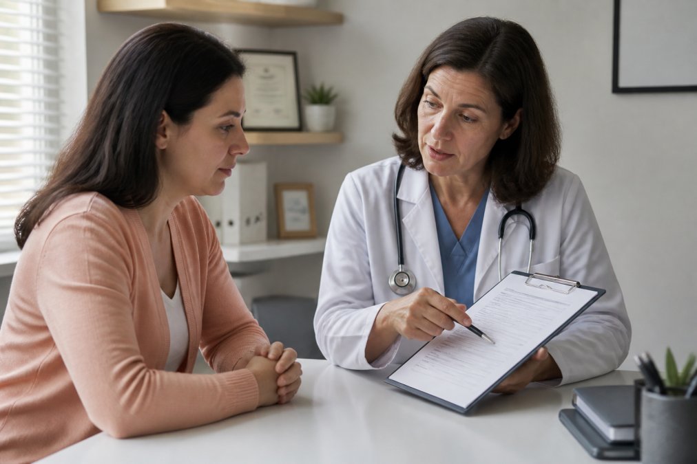 Patient sitting in a healthcare provider's office, reviewing medication instructions and discussing a tapering plan, with the provider pointing to written guidance on a clipboard
