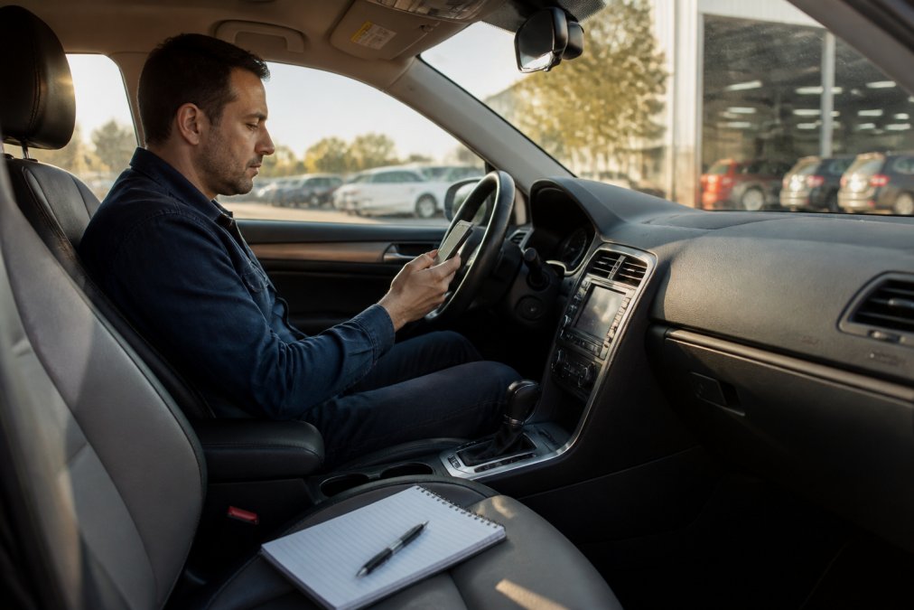 A car owner sitting in a parked car reviewing multiple garage quotes on a smartphone, with a notepad and pen on the passenger seat, afternoon light coming through the windscreen