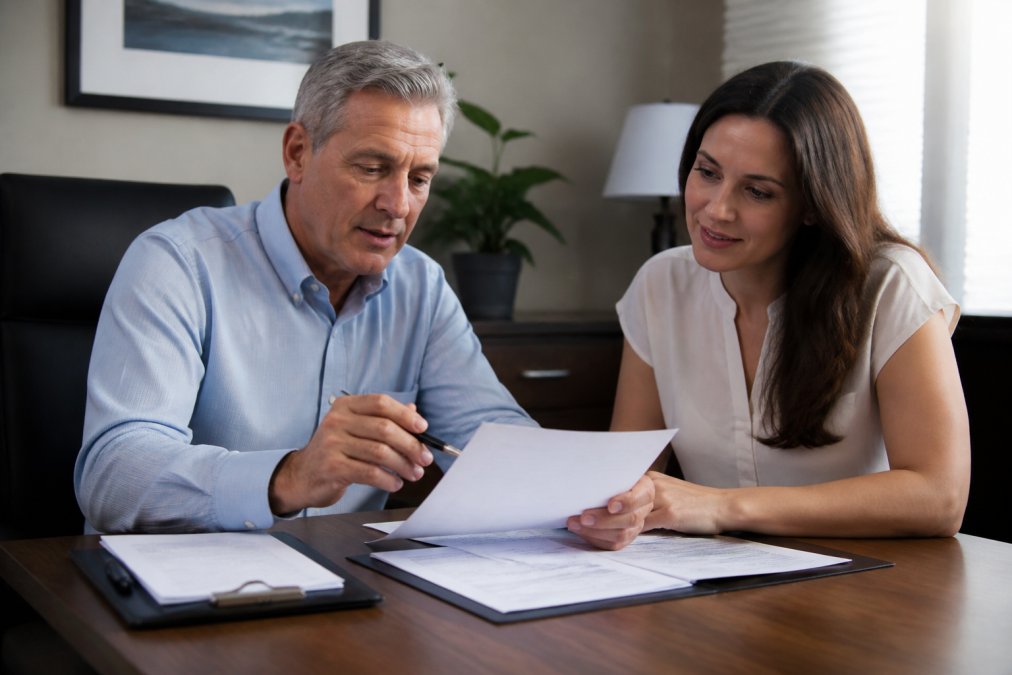 Insurance agent sitting at desk with client, reviewing policy documents and transfer paperwork together in a professional office setting with natural lighting