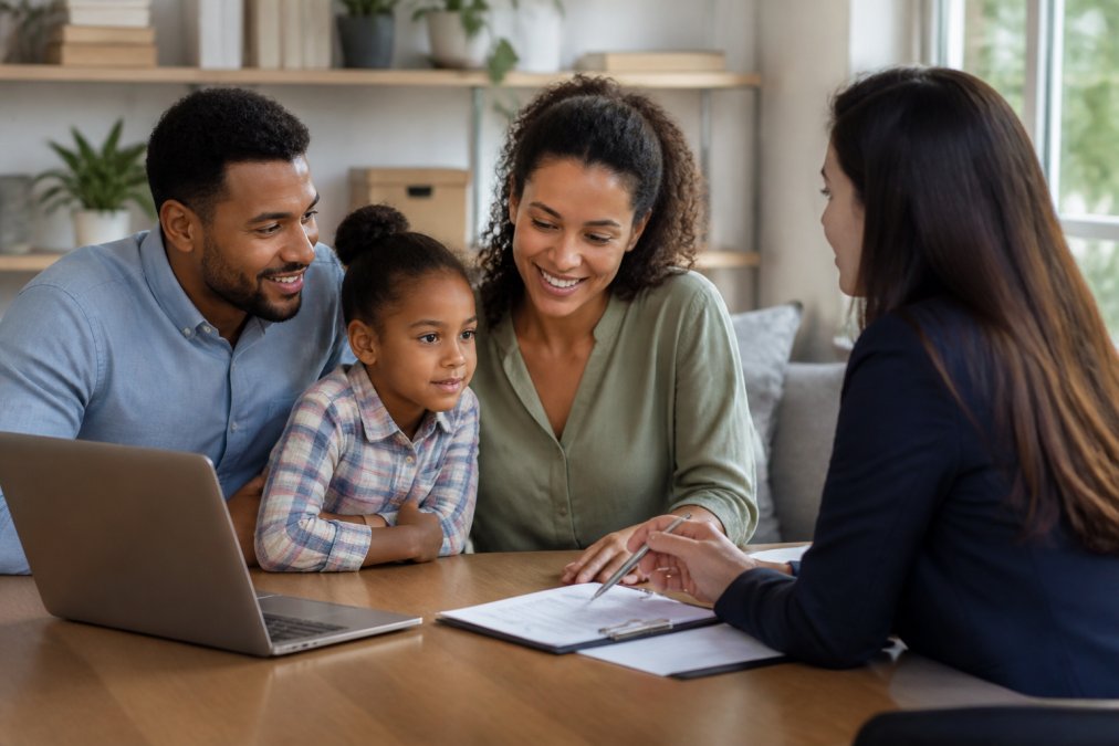 Diverse family having a consultation meeting with insurance agent, discussing coverage options at a table with laptop and documents in a modern office setting