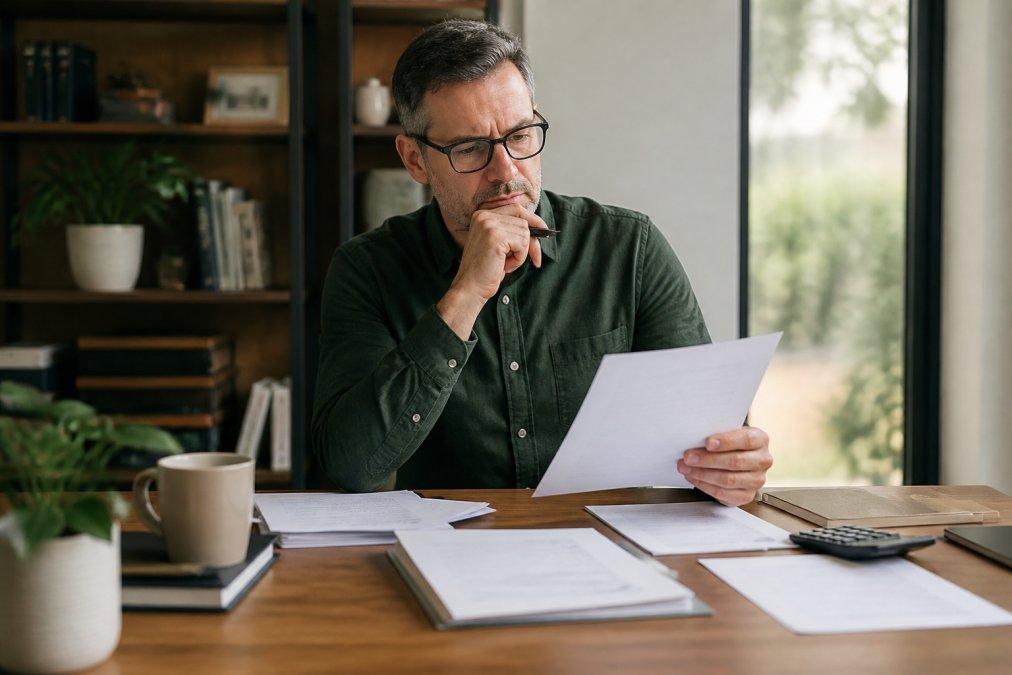 Business owner or homeowner sitting at a desk reviewing insurance documents and policy papers with a thoughtful expression, natural office lighting