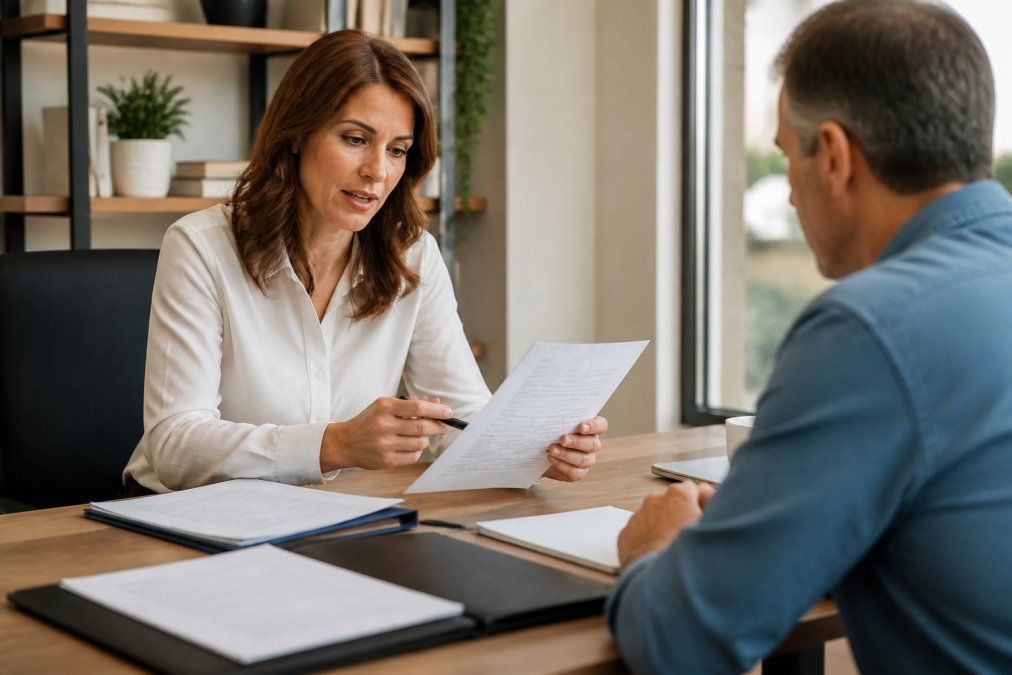 Professional insurance agent meeting with a client at a desk, discussing paperwork and coverage options in a modern office setting with natural lighting