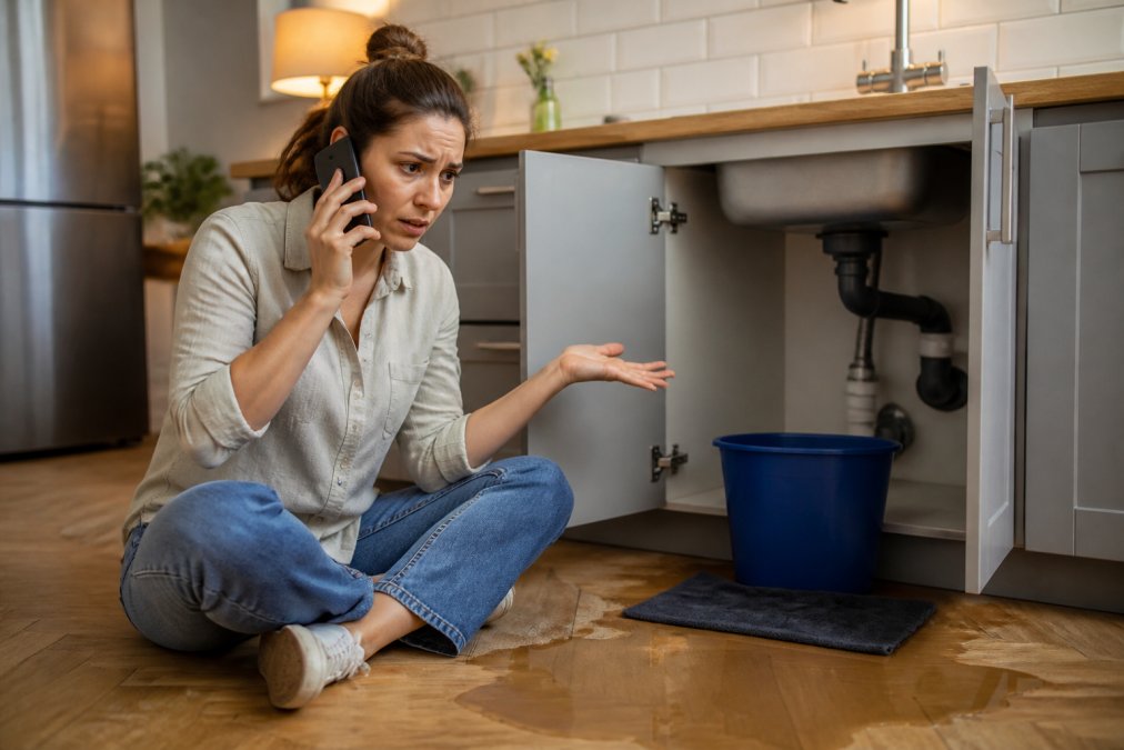 A frustrated homeowner standing in a modern kitchen, water pooling under the open cabinet beneath the sink, holding a phone to their ear with a concerned expression under warm overhead lighting