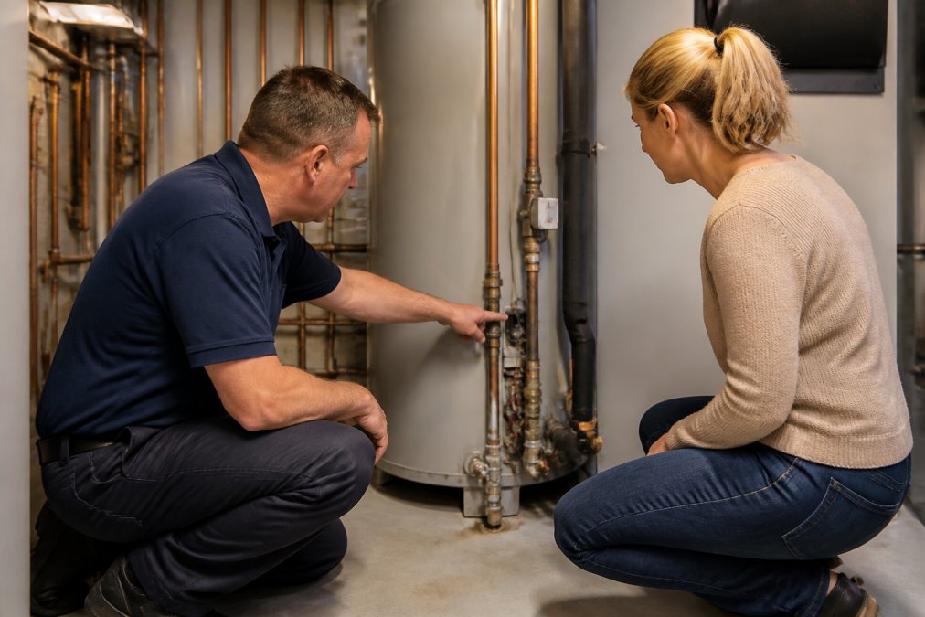 A uniformed plumber kneeling beside a water heater in a residential utility room, pointing to a component while a homeowner listens attentively, warm utility lighting overhead
