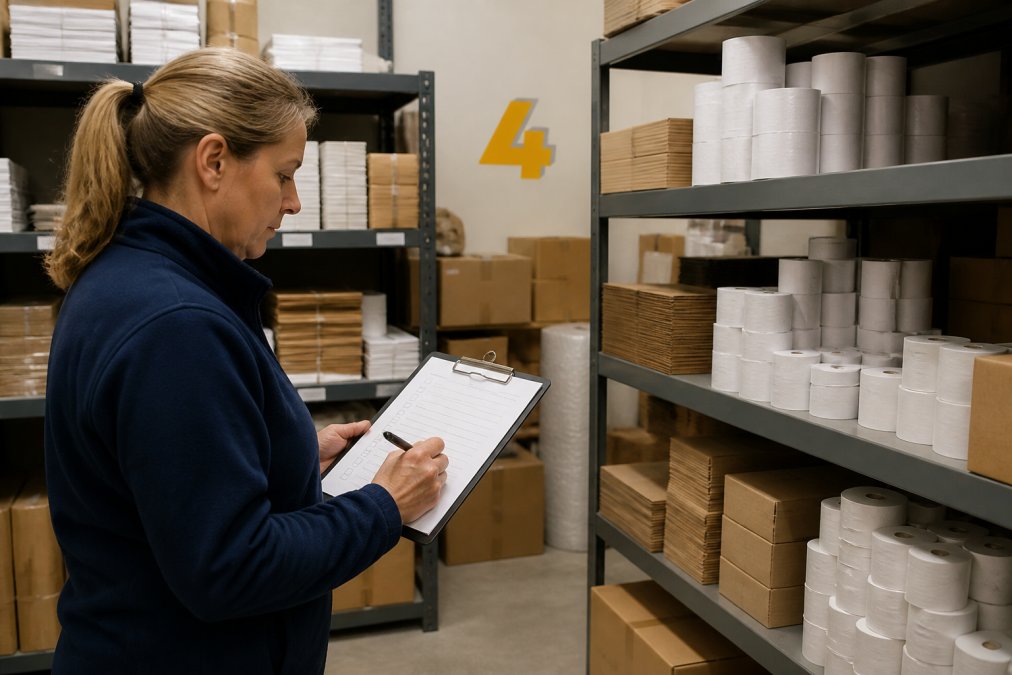 A retail manager in a stockroom reviewing a clipboard checklist beside shelves of packaging supplies, with till rolls and cardboard boxes visible in the background under overhead lighting