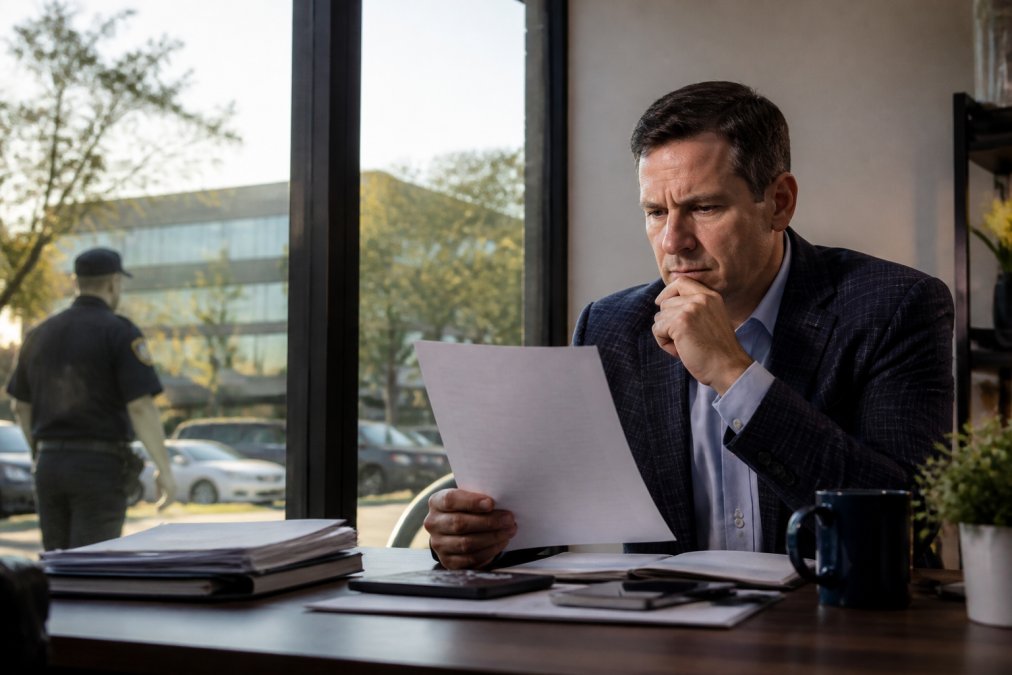 A property manager in a commercial office reviewing a security incident report at a desk, looking concerned, with a uniformed guard visible through the window patrolling the parking lot outside in late afternoon light