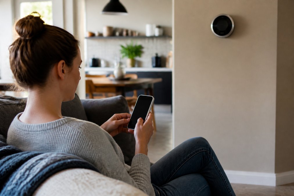 Homeowner checking real-time energy usage on a smartphone app while relaxing on a living room couch, with a modern smart thermostat visible on the wall in soft afternoon lighting
