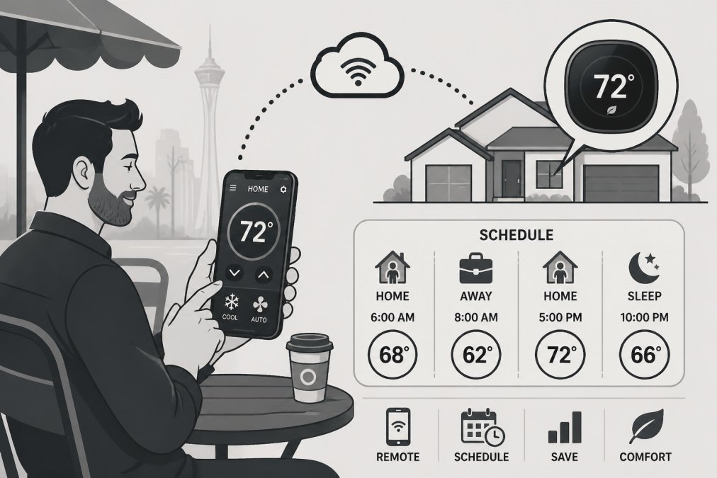 Professional adjusting home climate settings on a smartphone while seated at an outdoor cafe, with a relaxed expression showing the convenience of remote thermostat control