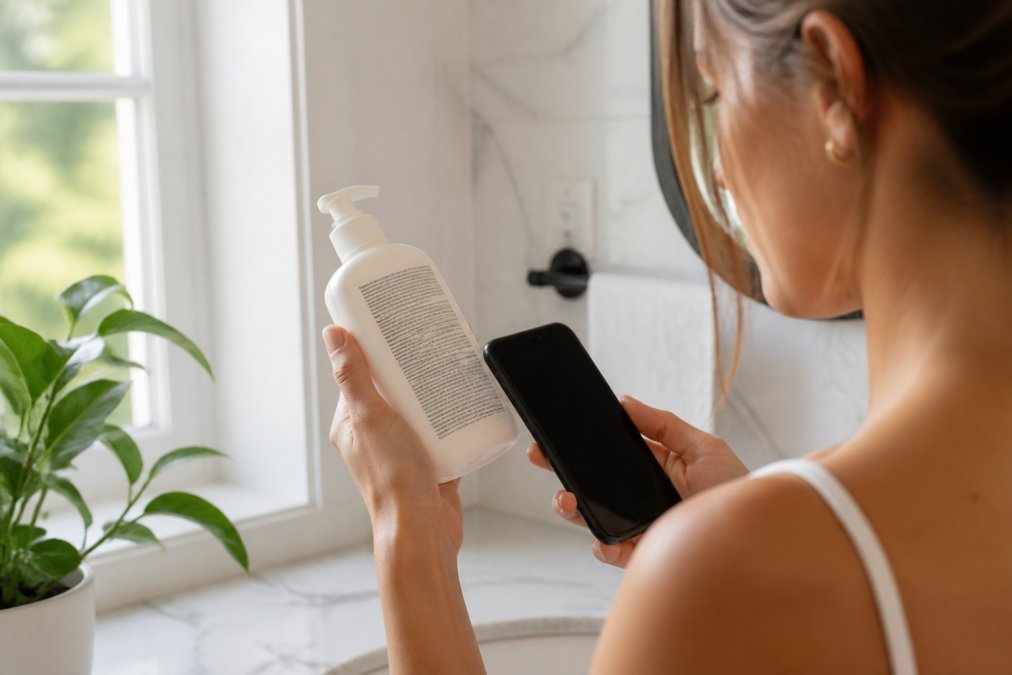 A woman in her late twenties examining the back label of a skincare bottle in a bright bathroom, holding a phone in her other hand to cross-check ingredients, natural light from a window, close-up on hands and product