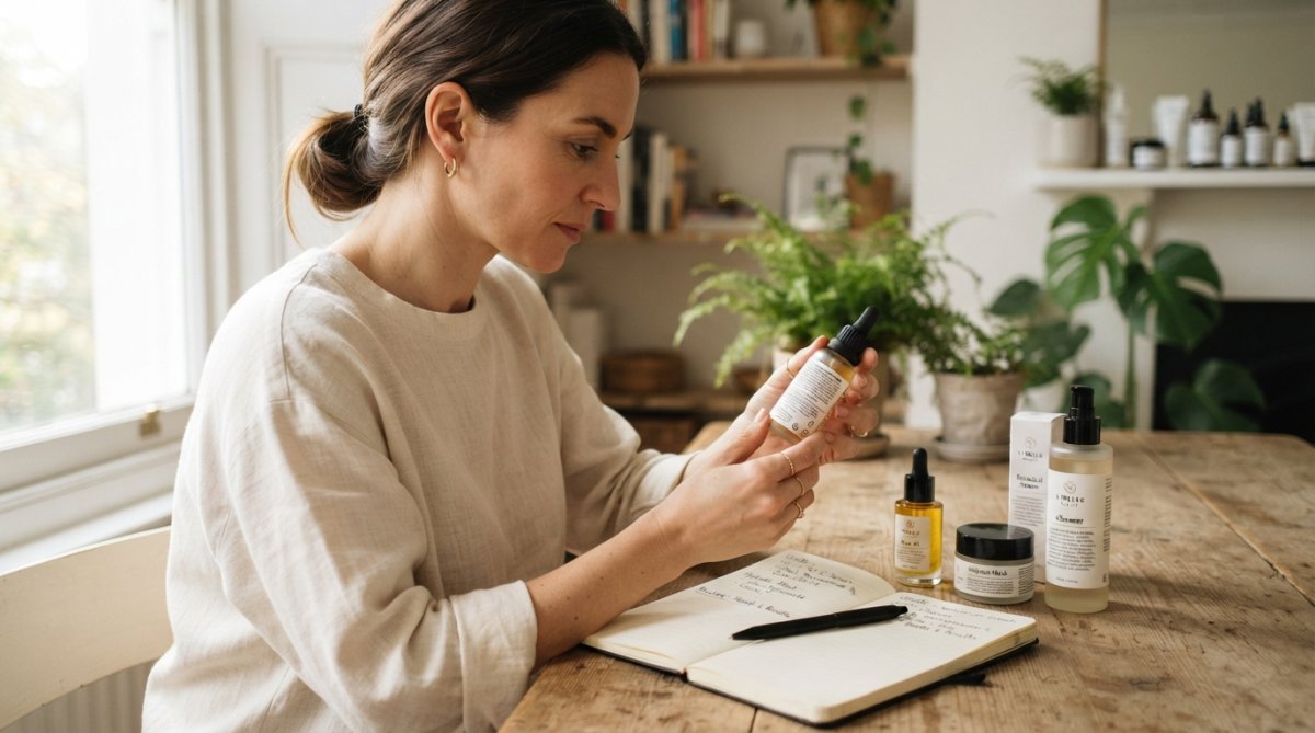Woman carefully examining product labels and ingredients on skincare bottles in natural light, with a notebook of notes beside her