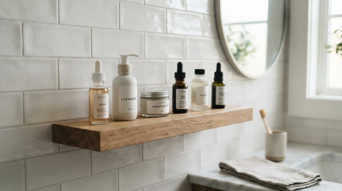 Minimalist bathroom shelf displaying a curated selection of skincare products arranged neatly, with soft morning light highlighting the bottles