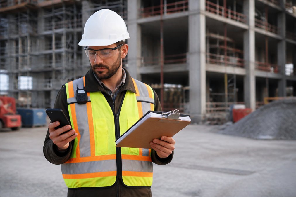 A field inspector in a hard hat holding a clipboard with paper forms, standing on a construction site with a smartphone visible in their other hand, showing the contrast between old and new methods