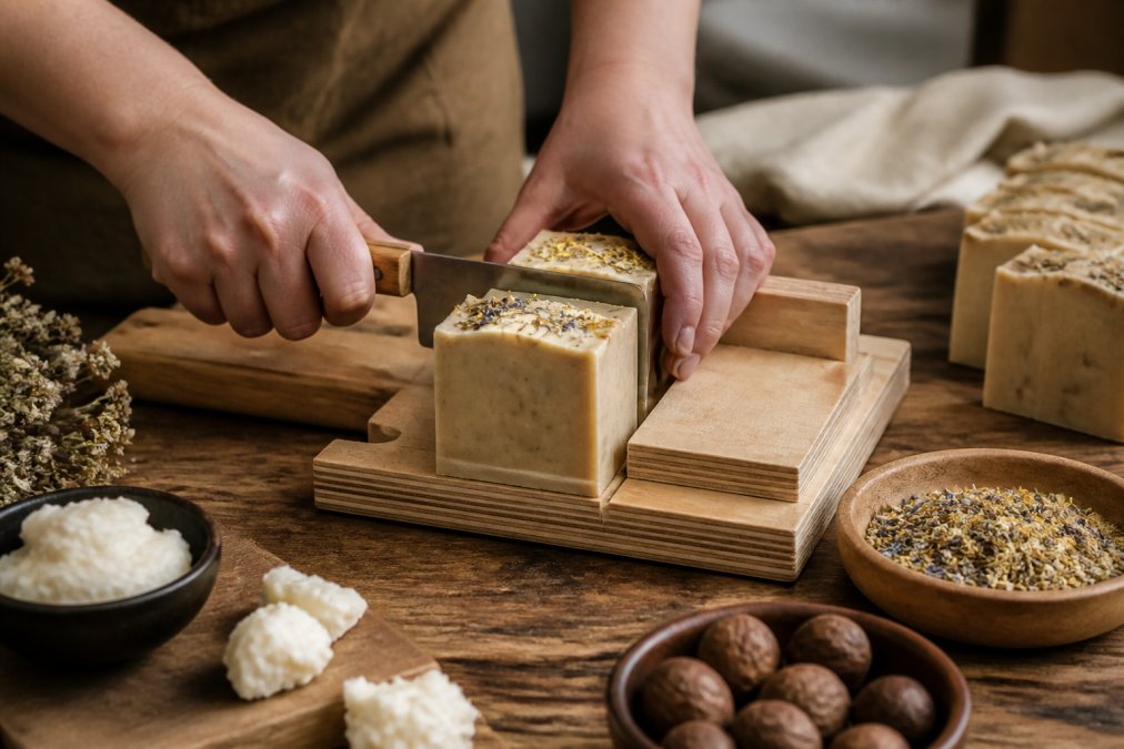 Close-up of a soap maker's hands cutting a fresh loaf of handmade soap on a wooden table, with dried botanicals and shea butter nearby