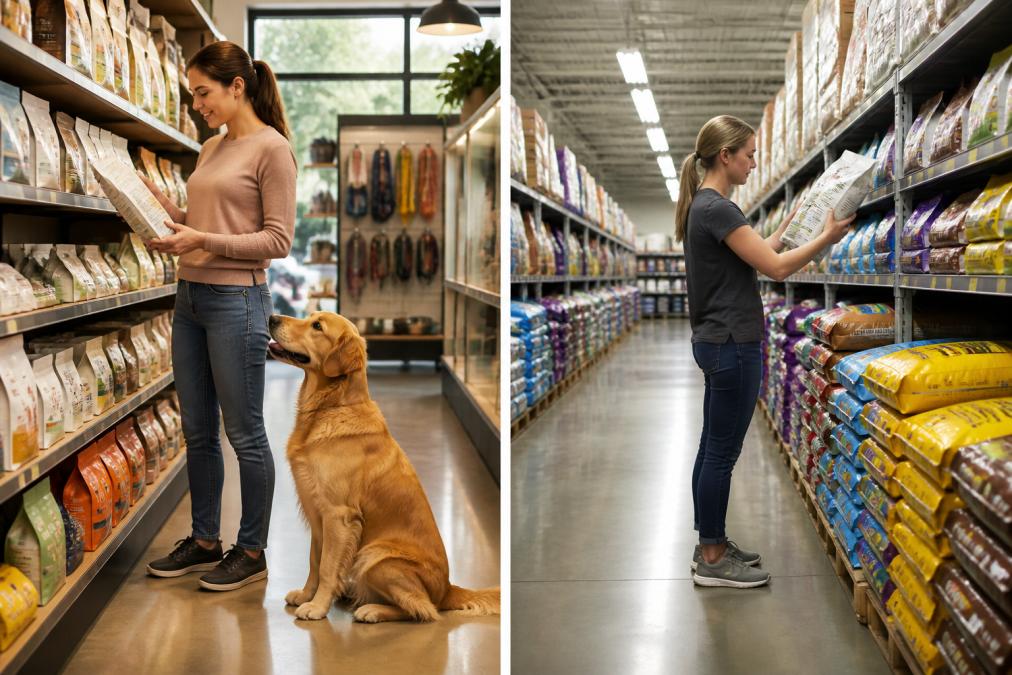 A person in a bright, modern pet supply store examining a bag of dog food, with a healthy golden retriever sitting patiently beside them