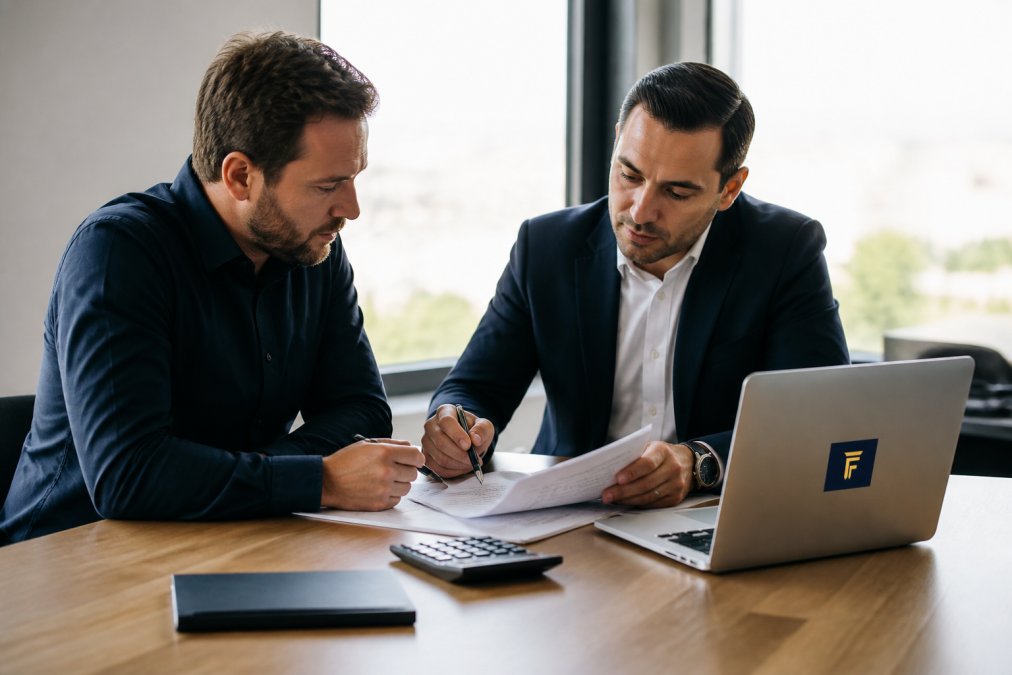 A business owner and a financial advisor reviewing loan documents together at a modern wooden desk, natural light from a large window, a laptop and calculator on the table