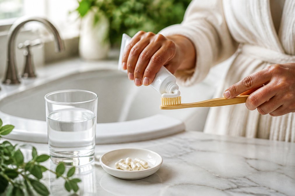 Person squeezing probiotic toothpaste onto a bamboo toothbrush near a glass of water on a marble bathroom counter.