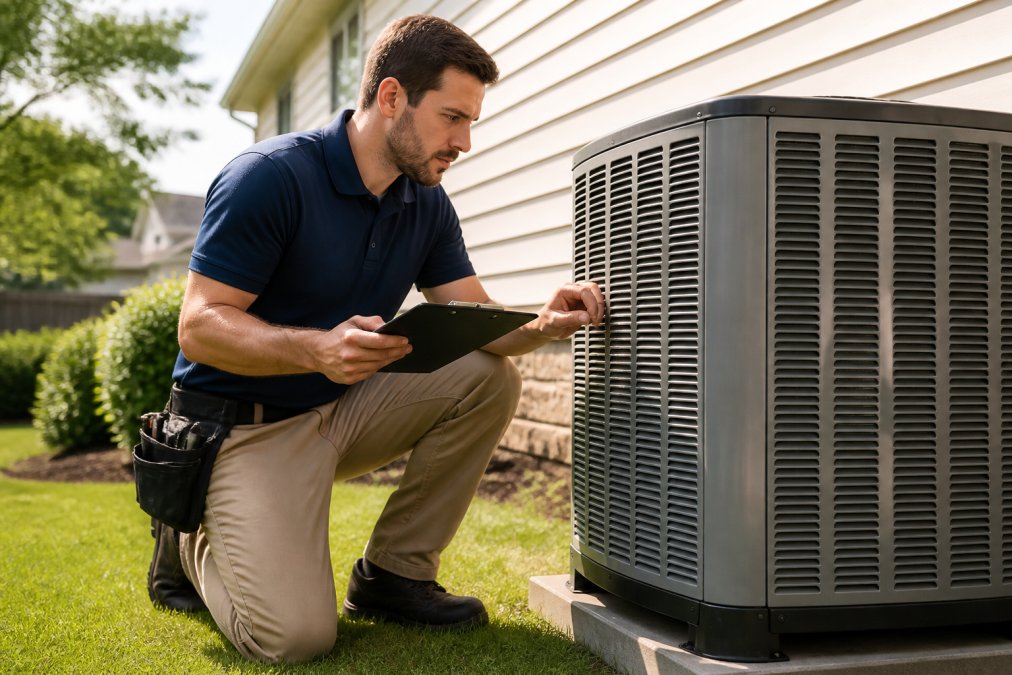 A uniformed technician in a polo shirt inspecting a residential HVAC unit with a clipboard in a well-maintained suburban backyard on a sunny morning