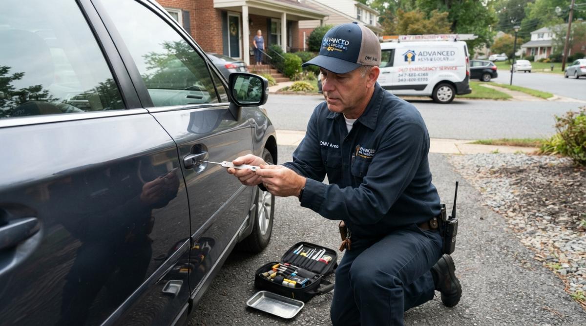 A homeowner standing at their front door, checking a locksmith's ID badge and certification card before allowing entry, with a service van visible in the driveway