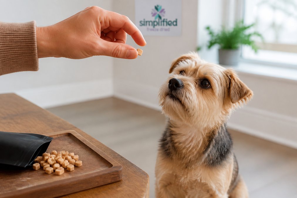 Close-up of a person's hand holding a small kibble-sized freeze-dried treat while a small dog sits attentively, bright indoor setting with natural light