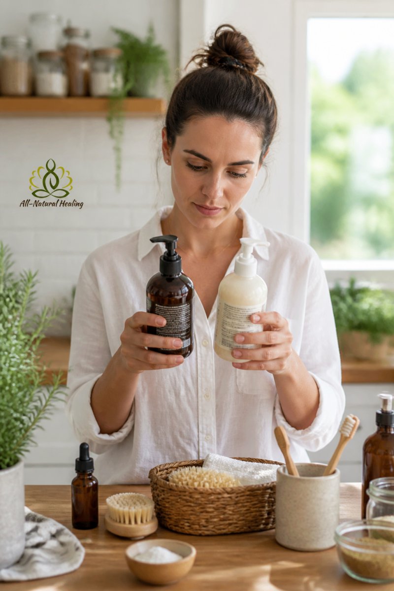 A person holding two product bottles side by side in a bright kitchen, closely reading the ingredient labels on the back to compare what is inside
