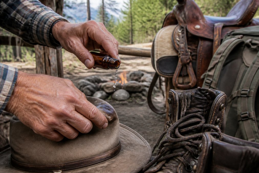 A close-up of weathered hands applying a few drops of traditional insect repellent from a small amber bottle onto a canvas hat and boot laces, with a leather saddle and hiking backpack in the background, set in a rustic outdoor camp environment