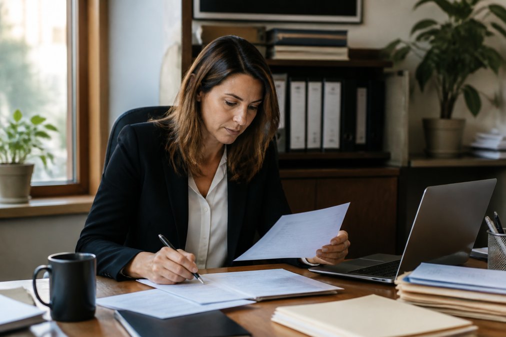 Professional sitting at desk reviewing insurance documents and policy files, with laptop and organized folder system visible, natural office lighting