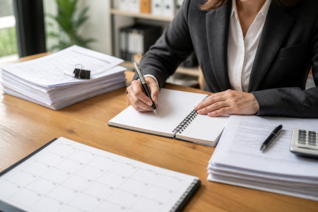Business professional making notes on checklist with pen in hand, with insurance documents and calendar visible on desk, organized workspace