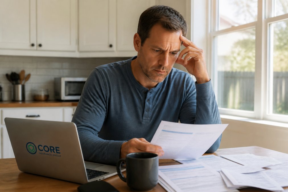 A homeowner in their 40s sitting at a kitchen table reviewing insurance documents and a laptop, looking concerned while comparing renewal notices, warm morning light through the window