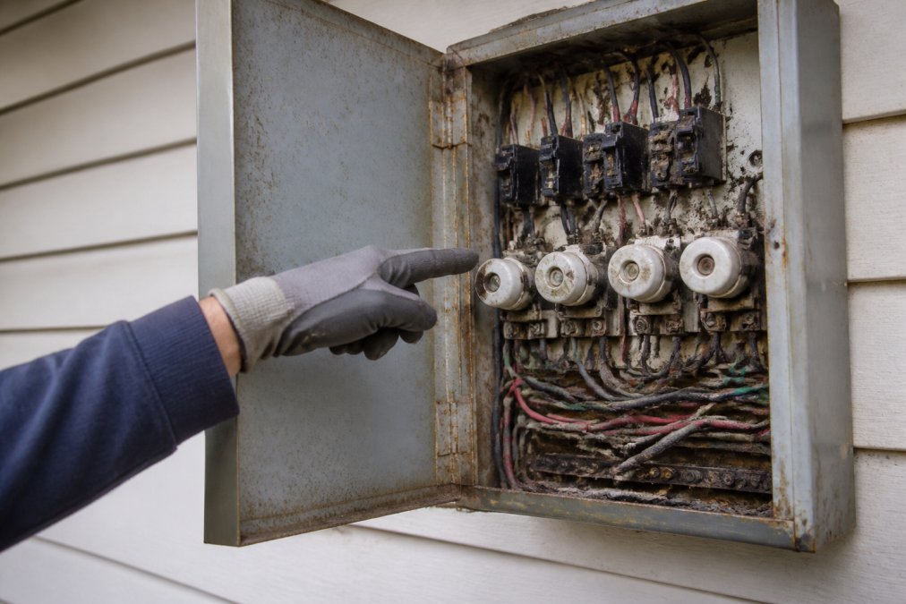 Close-up of an electrician's hand pointing to a dated switchboard with ceramic fuses and tangled wiring inside an open metal panel, work gloves on, natural daylight