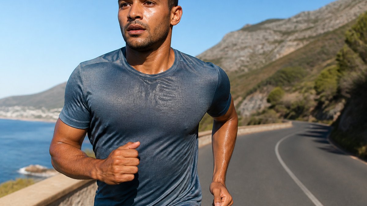 Runner mid-stride in bright daylight wearing synthetic running gear, sweat visible on the fabric surface, demonstrating comfort and efficient movement